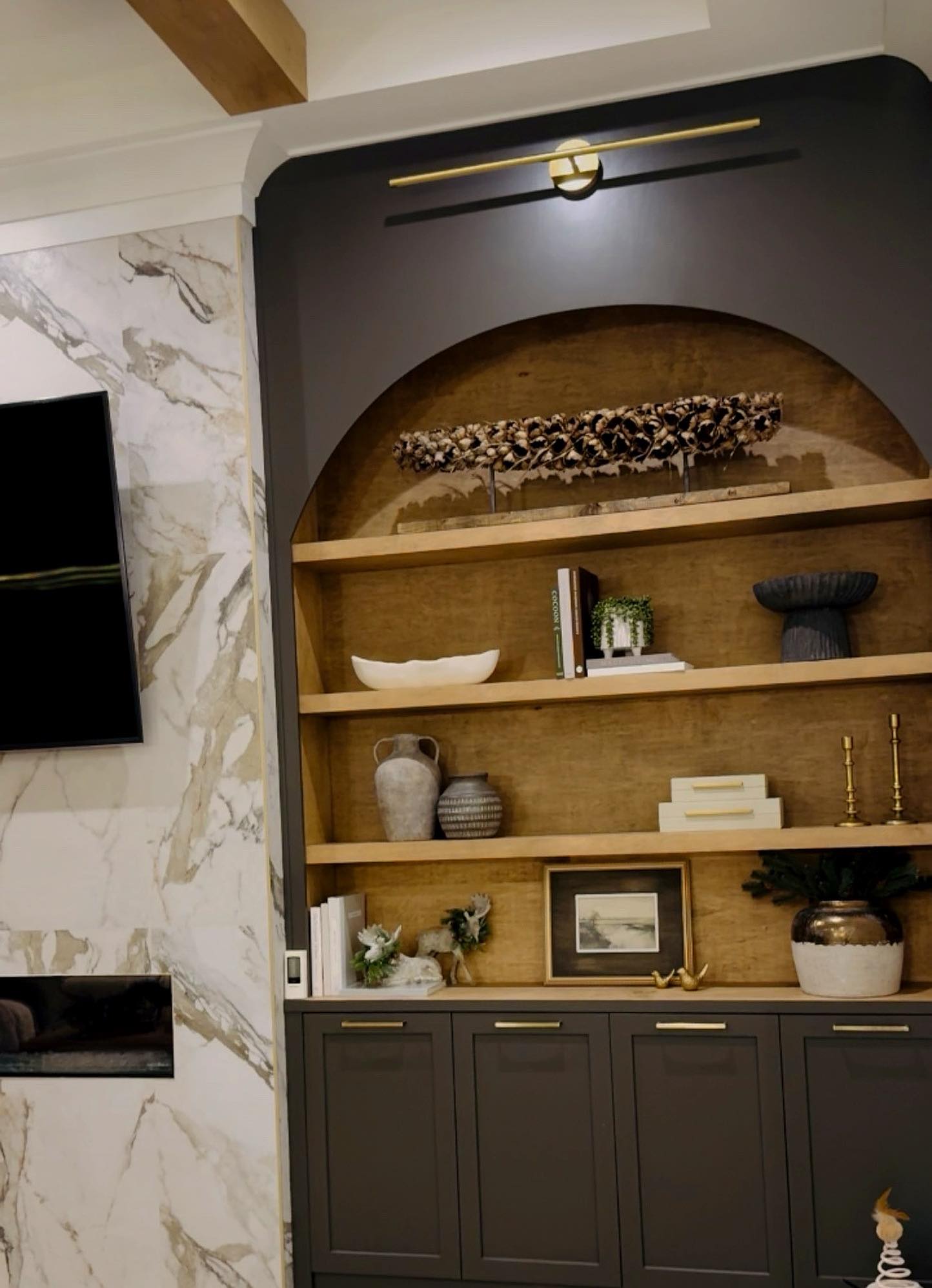 Custom shelving and open concept living space